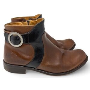 John Fluevog Adrians Jules Boots Womens 10 Brown Black Leather Buckle Bootie